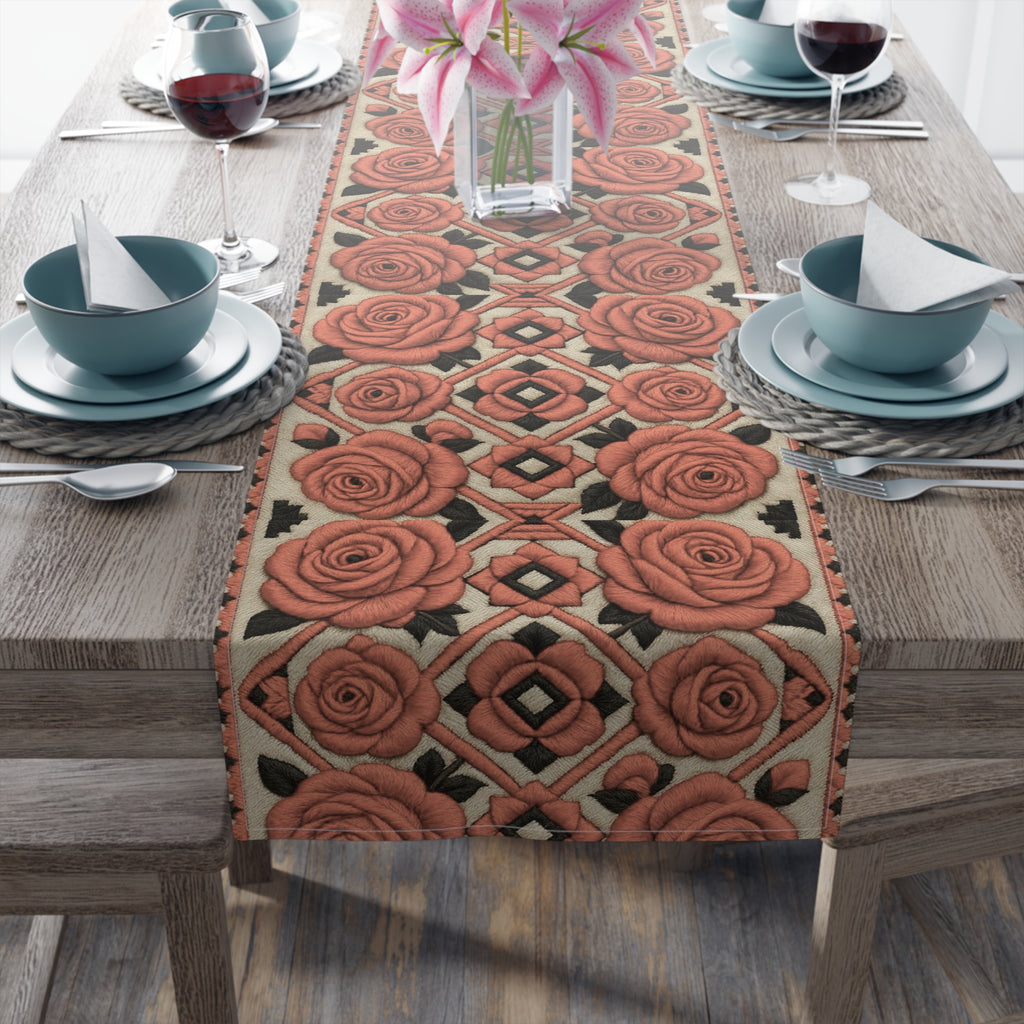 Red Roses Table Runner | Vintage Geometric Floral Dining Decor | Cotton Twill & Polyester