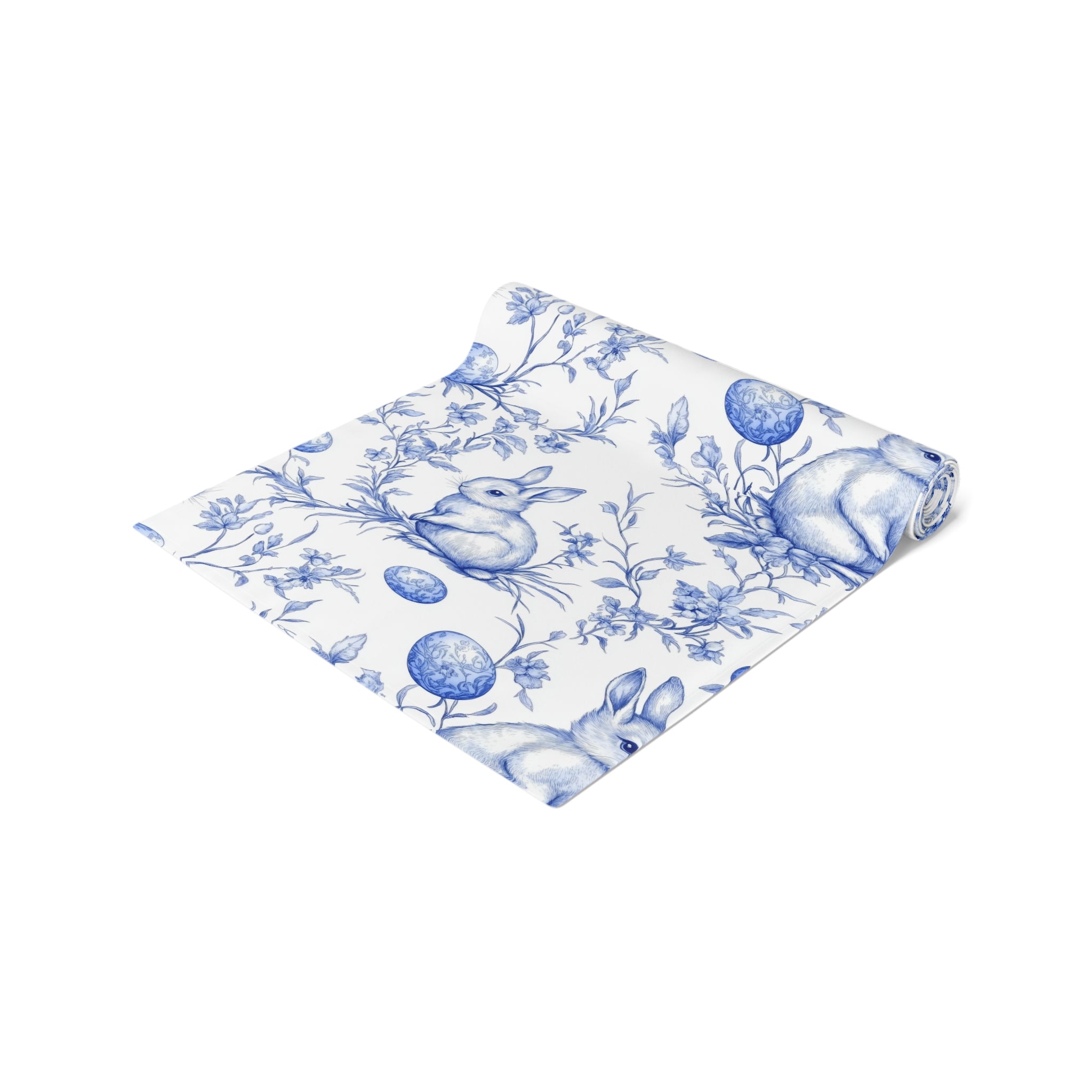 Spring Vintage Bunny Table Runner Floral Rabbit Table Decor for Easter Spring Dining, Blue Rabbit Pattern, Daisies