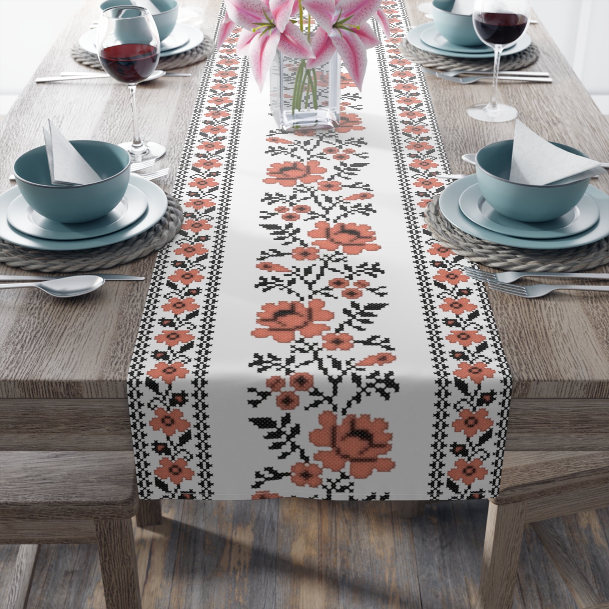 BLUESKYDEZIGN Ukrainian Traditional Table Runner - Red Black Folk Art