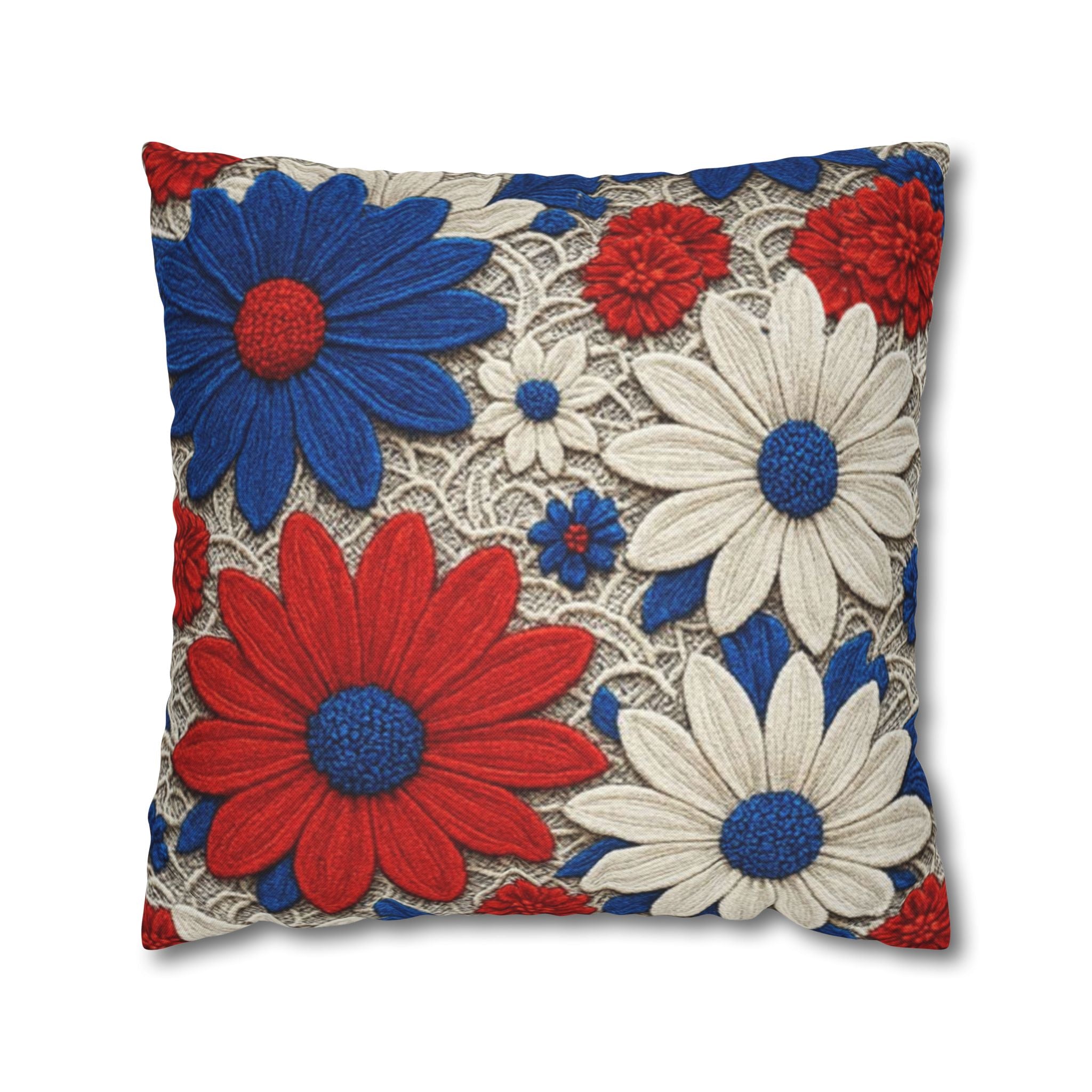 Red White Blue Daisy Pillowcase — Patriotic Floral Decorative Pillow Cover | BLUESKYDEZIGN