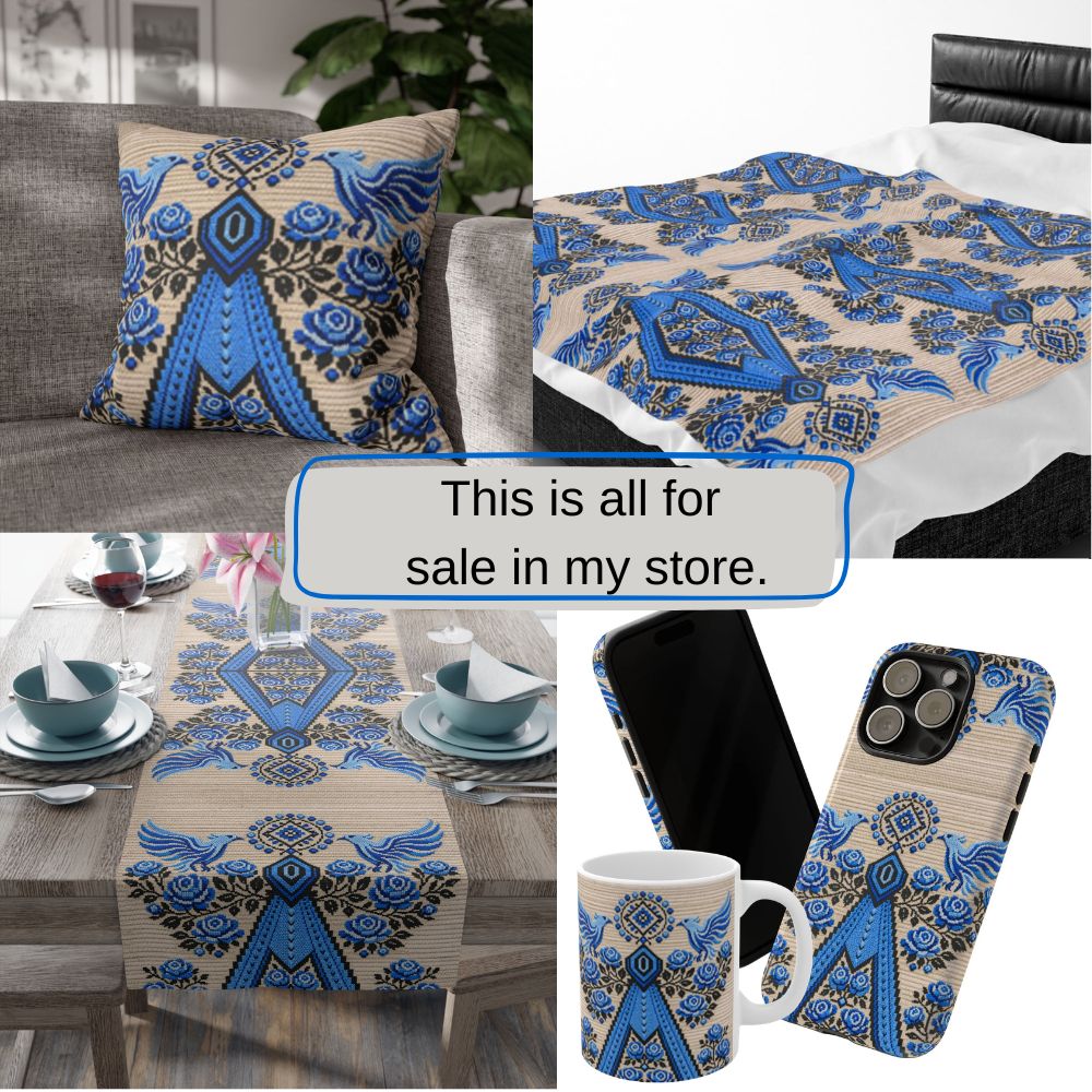 BLUESKYDEZIGN Berehynia Blue Table Runner - Folk Art Guardian Symbol