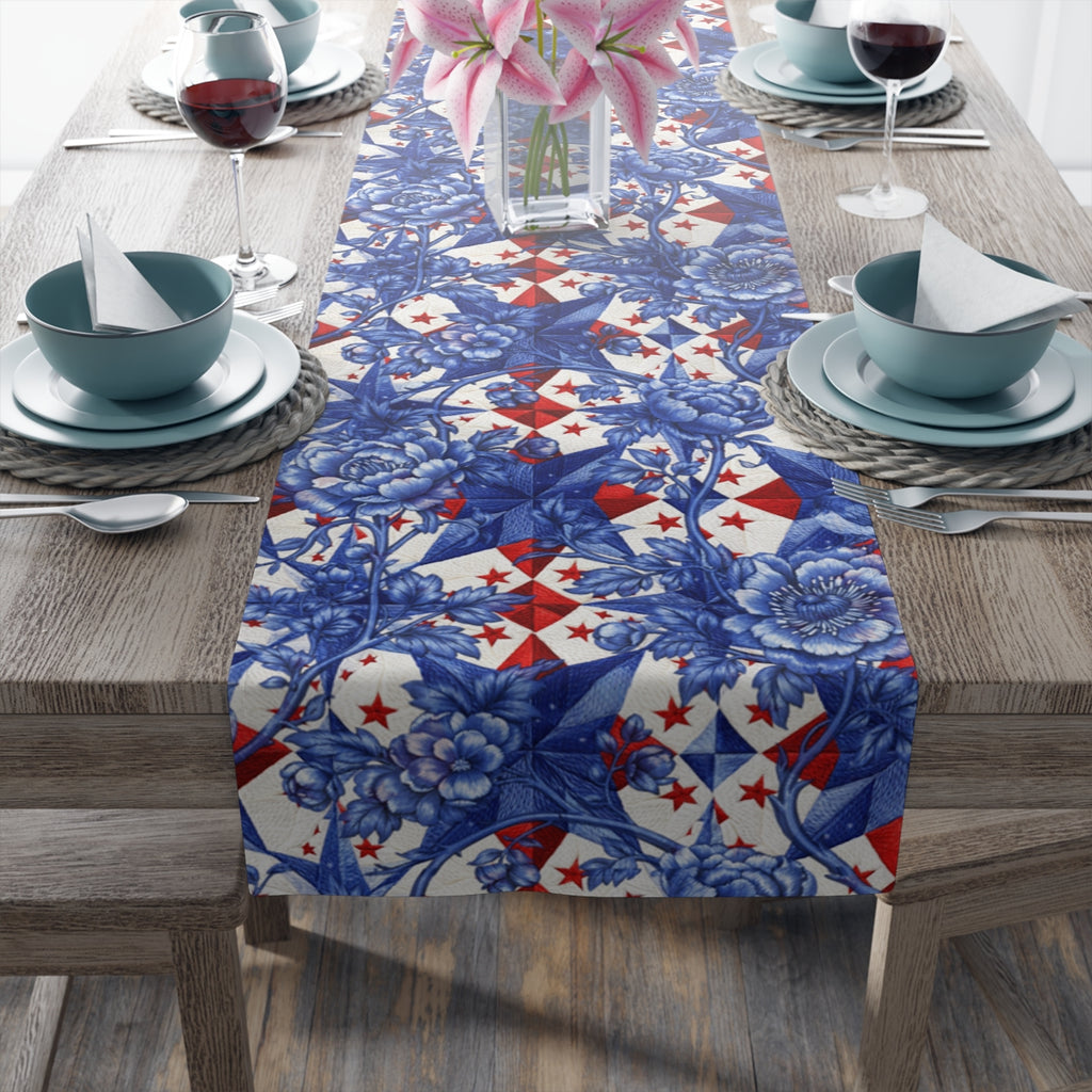 America 250th Anniversary Table Runner - Blue Toile-Inspired Floral & Patriotic Stars Patchwork Decor