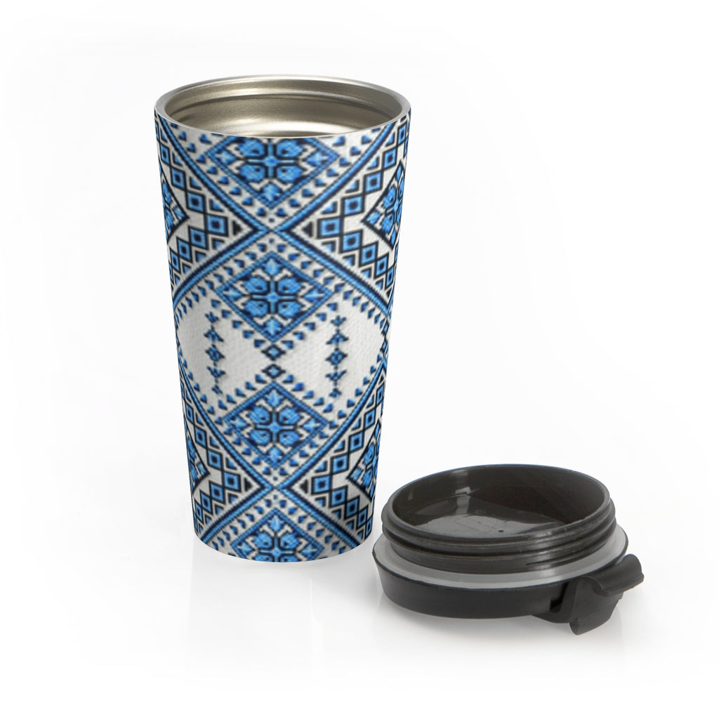 Blue Geometric Plaid Travel Mug — Insulated Stainless Steel Tumbler | BLUESKYDEZIGN