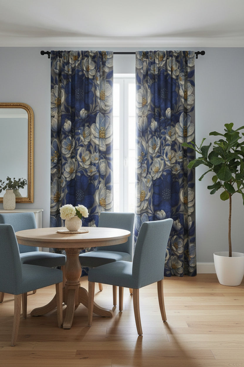 Sheer window curtain from Denim Soul Collection with a large blue floral pattern hanging in a bright, minimalist room next to a wooden chair.