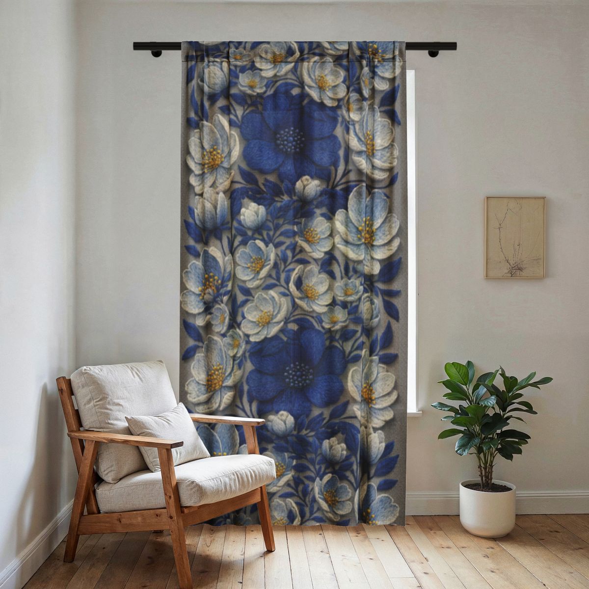Denim Soul Indigo Floral Sheer Curtain Panel – Botanical Window Drape 50”×84”