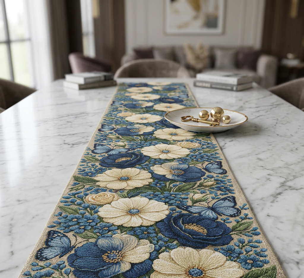 Wild Beauty Floral Table Runner – Blue & Cream Botanical Design