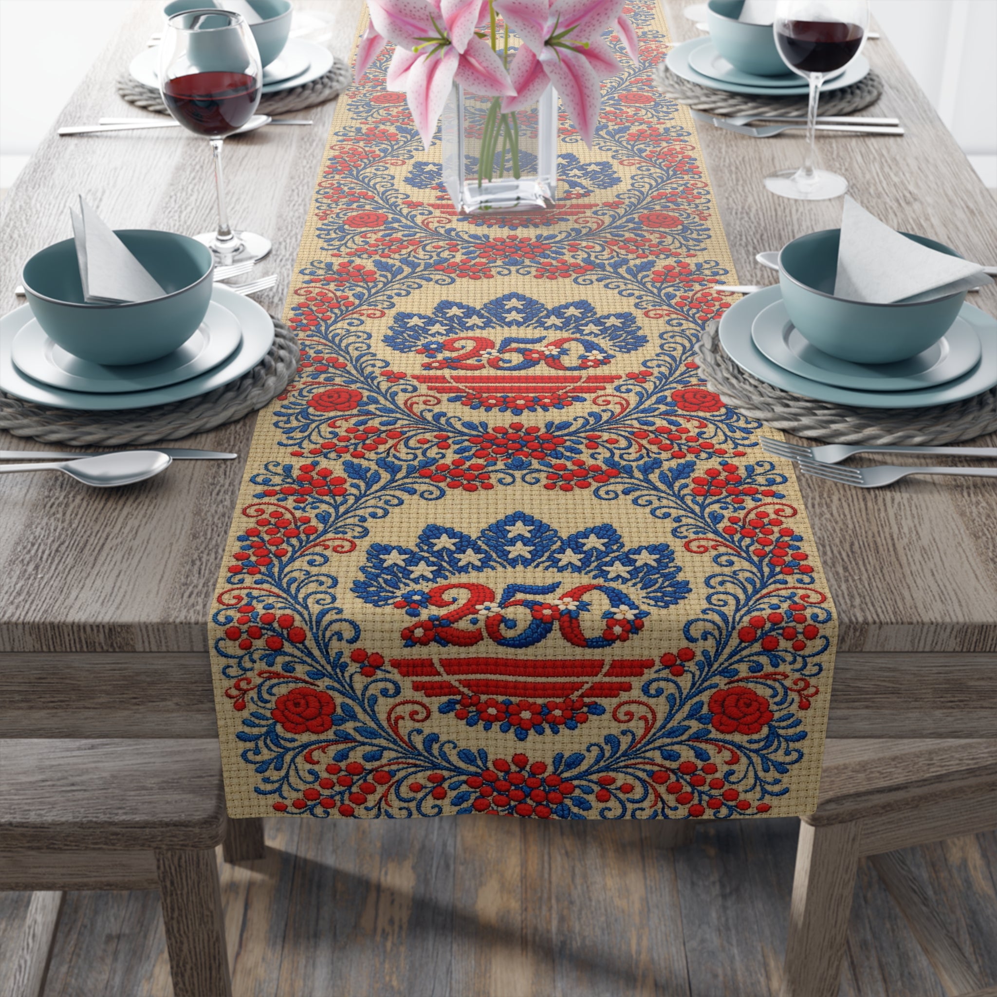 Freedom's Garden 250 – Vintage Patriotic Floral Table Runner | 250th Anniversary