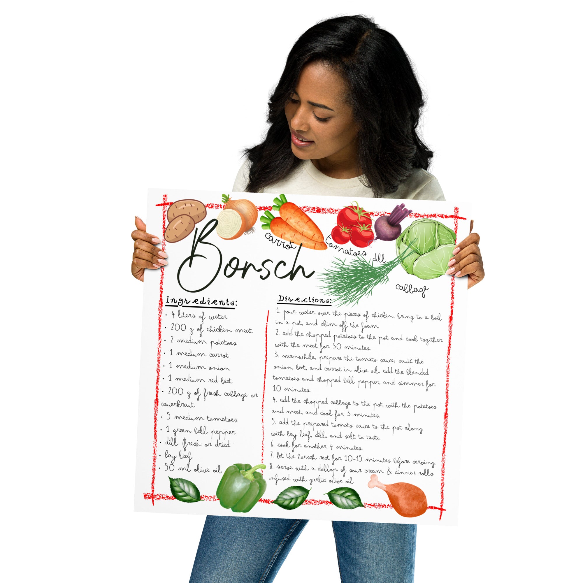 Ukrainian borsch recipe poster – illustrated traditional family recipe wall art with beets, cabbage and dill, matte print for kitchen or dining room decor

