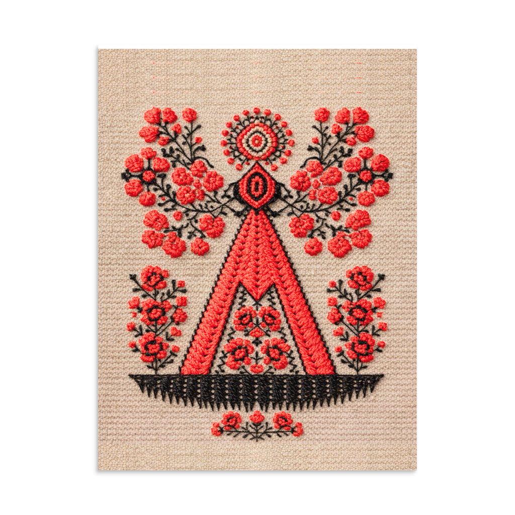 Berehynia matte art poster in red and black – small format Ukrainian folk protective symbol print, geometric embroidery style, perfect for gallery wall or desk display