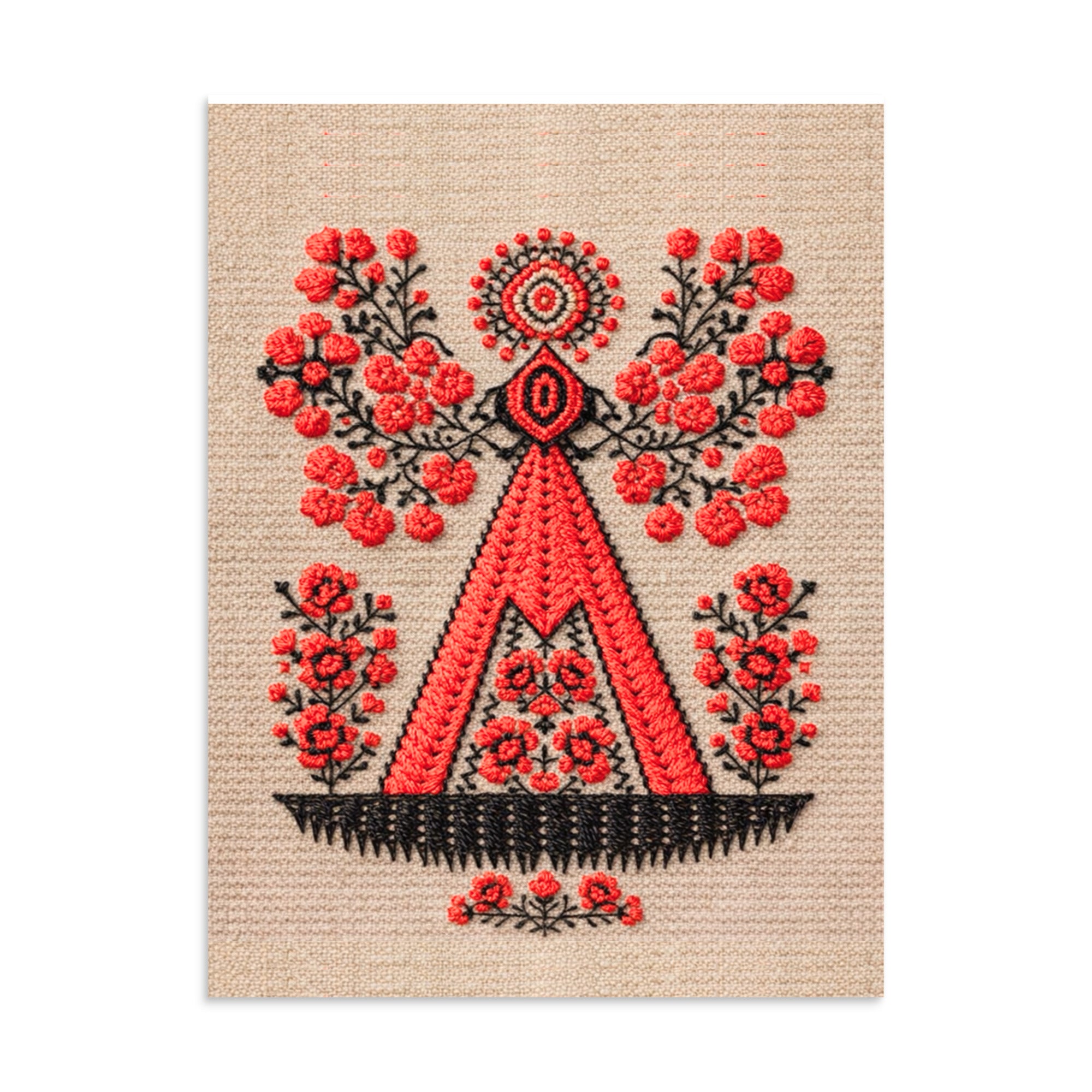Berehynia matte art poster in red and black – small format Ukrainian folk protective symbol print, geometric embroidery style, perfect for gallery wall or desk display