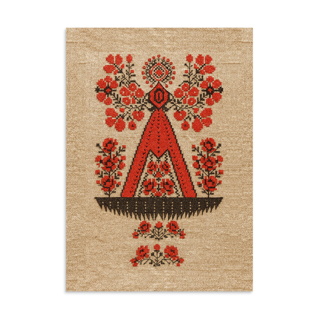 Berehynia wall art poster – red and black Ukrainian folk protective symbol, geometric embroidery style, matte paper print for living room or bedroom decor