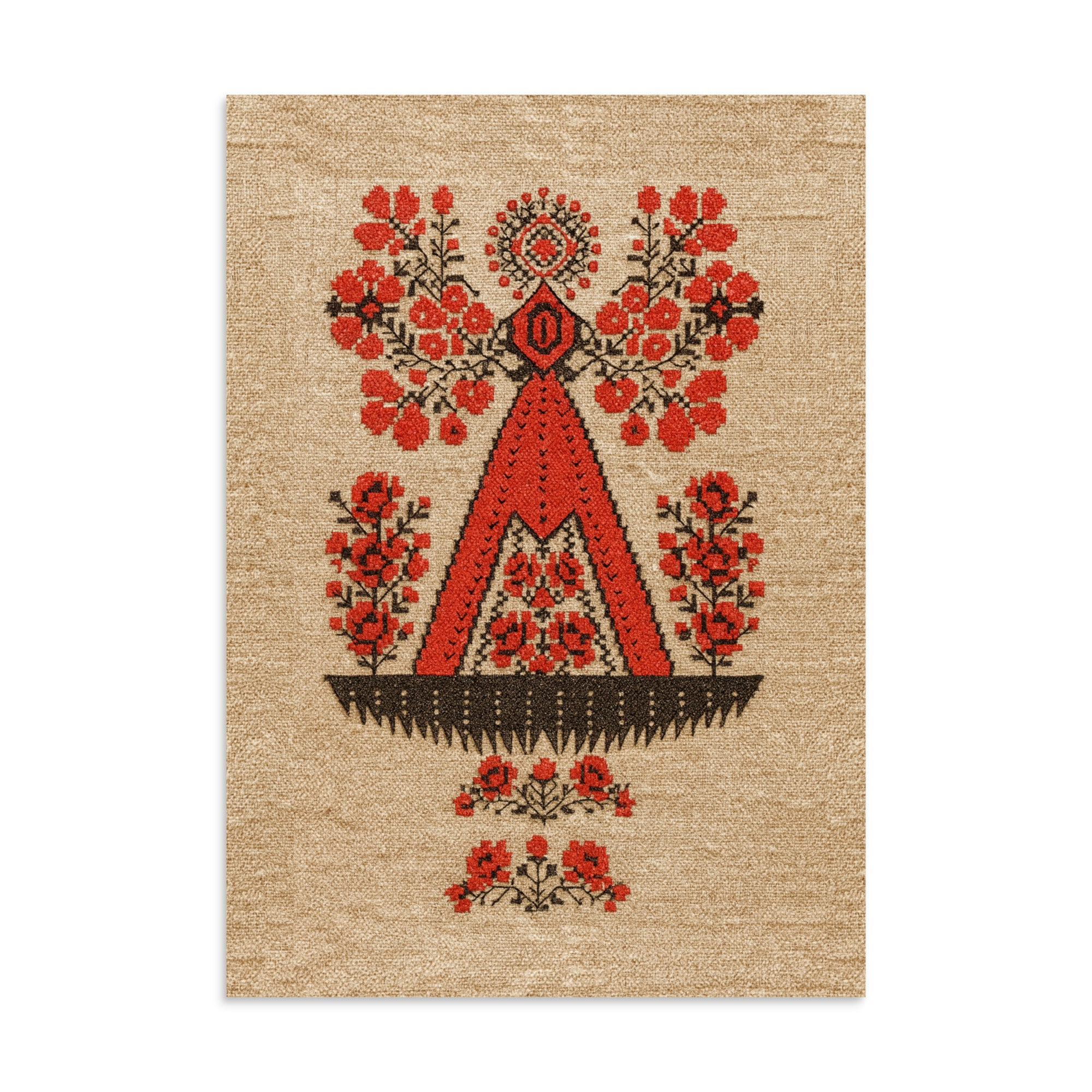 Berehynia wall art poster – red and black Ukrainian folk protective symbol, geometric embroidery style, matte paper print for living room or bedroom decor