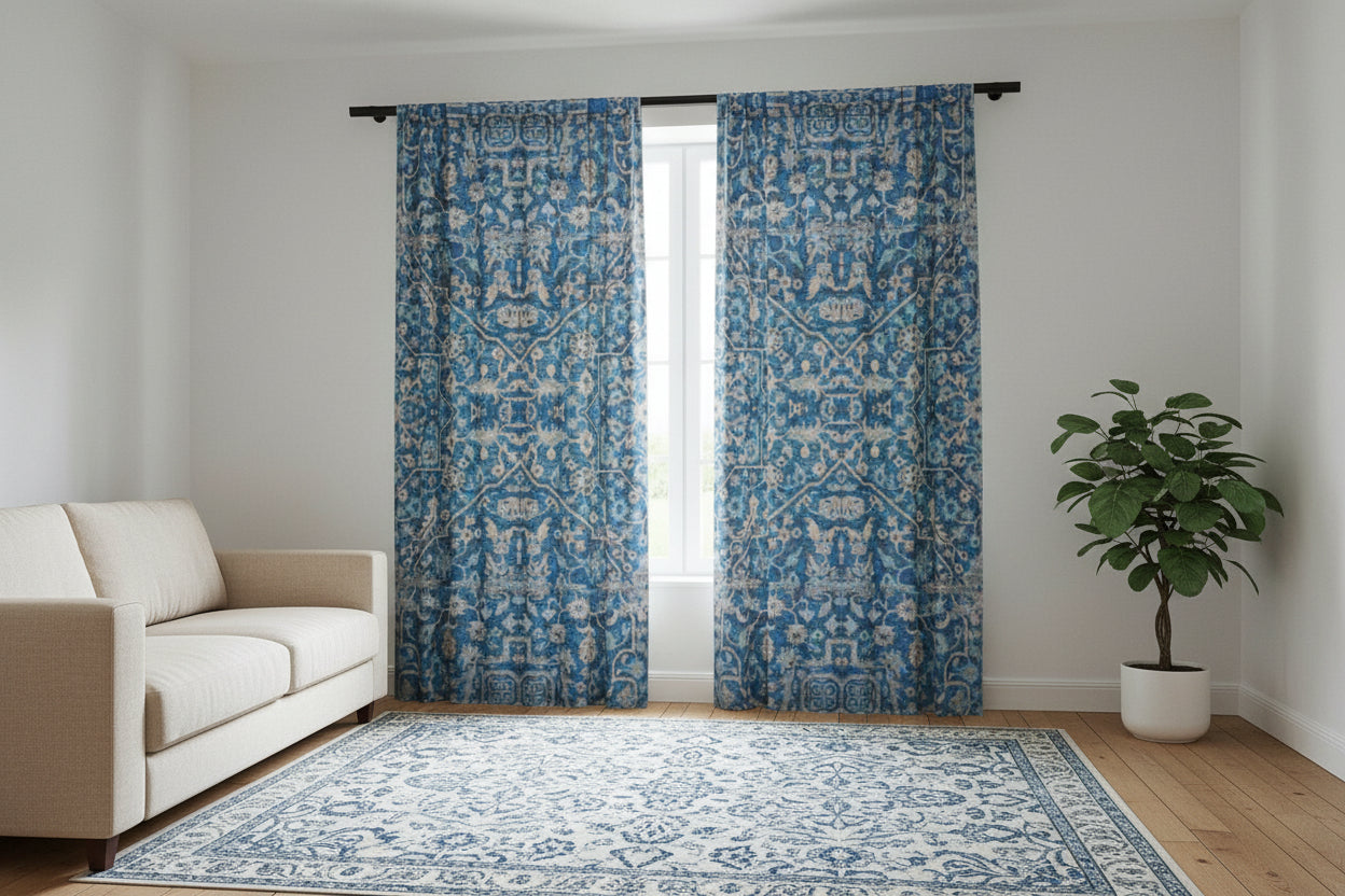 Blue damask sheer curtain panel on window, cottagecore living room decor, BLUESKYDEZIGN
