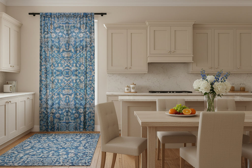Sheer blue floral curtain close-up detail, vintage medallion pattern, BLUESKYDEZIGN

