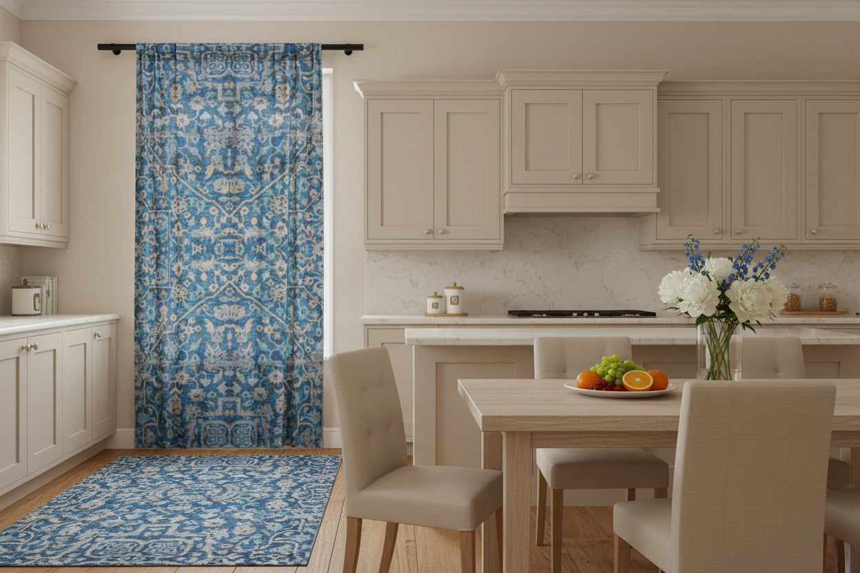 Sheer blue floral curtain close-up detail, vintage medallion pattern, BLUESKYDEZIGN
