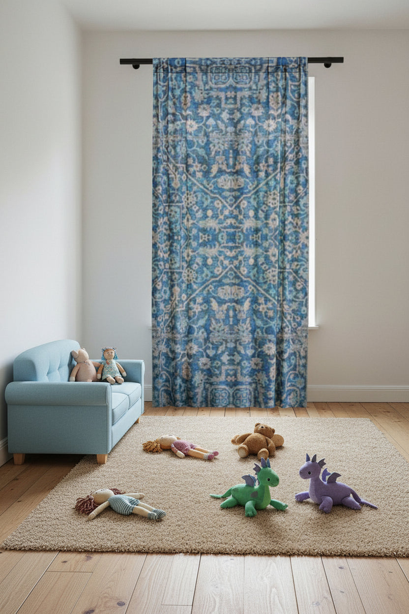 Grandmother's Heritage blue floral sheer curtain in bedroom, light filtering wabi-sabi decor, BLUESKYDEZIGN
