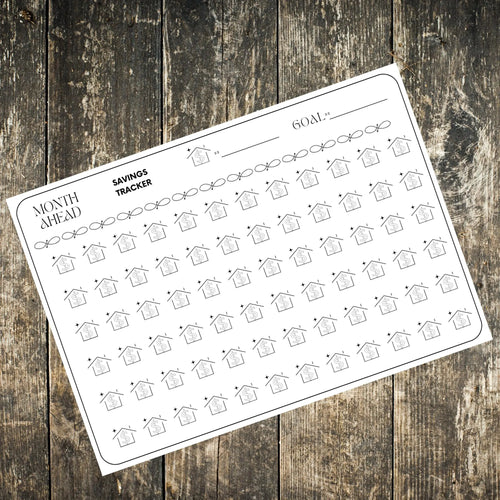 A6 Month Ahead Savings Tracker printable – cash envelope budgeting planner with house icons, instant PDF download by BLUESKYDEZIGN
