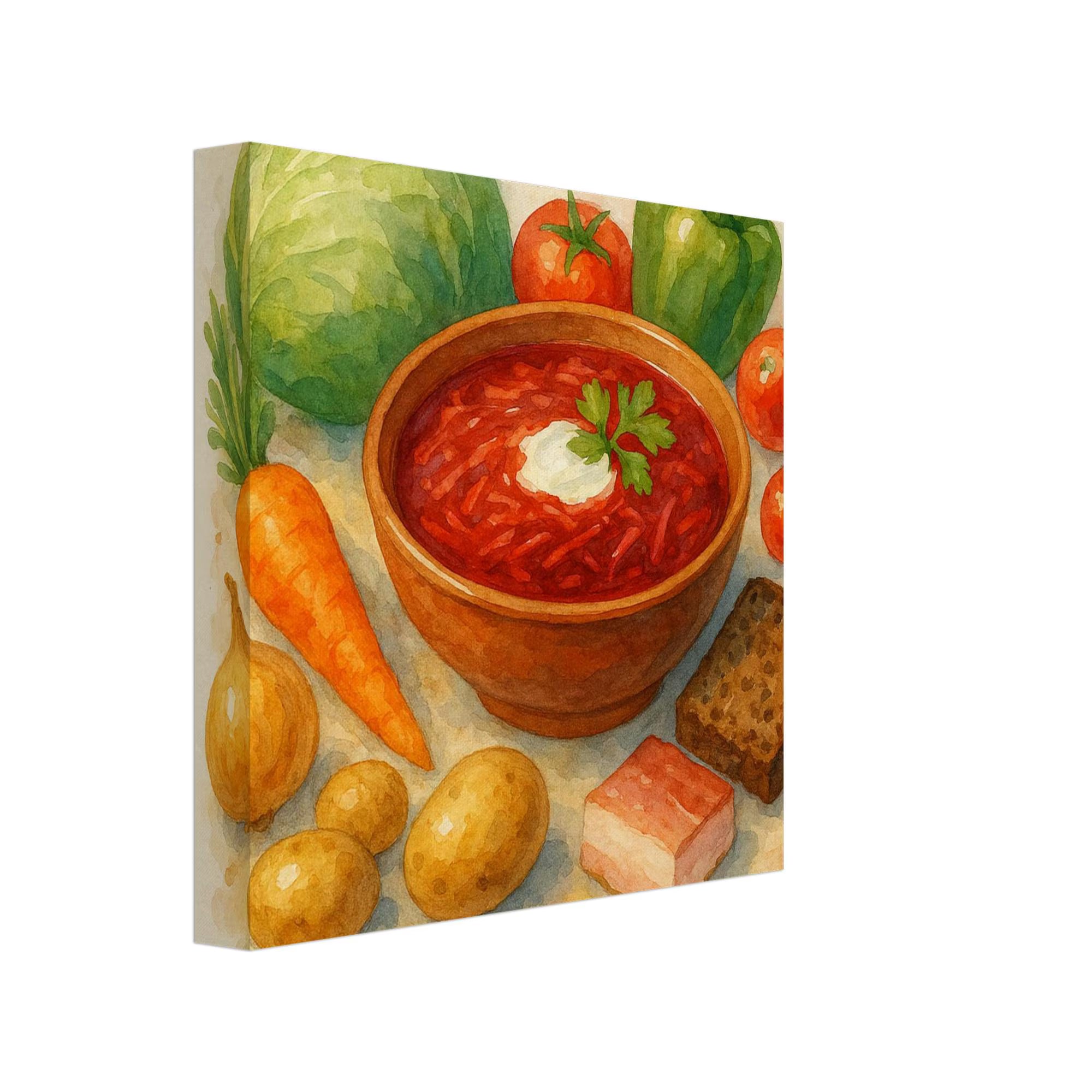 Ukrainian borscht wall art canvas print with traditional soup serving presentation, 6x6 inch, kitchen and dining room home decor