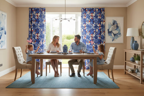 America 250th Anniversary Sheer Curtain - Blue Toile-Inspired Floral & Patriotic Star Window Treatment