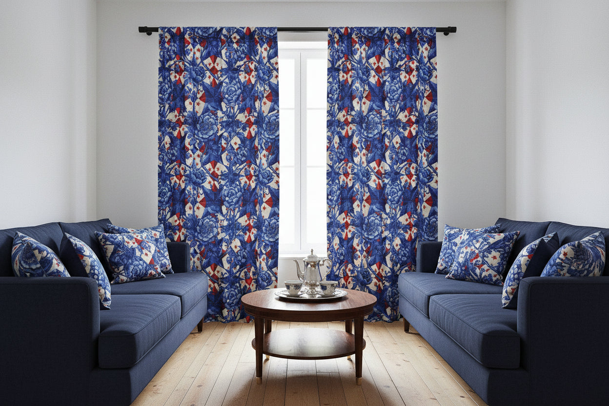 America 250th Anniversary Sheer Curtain - Blue Toile-Inspired Floral & Patriotic Star Window Treatment