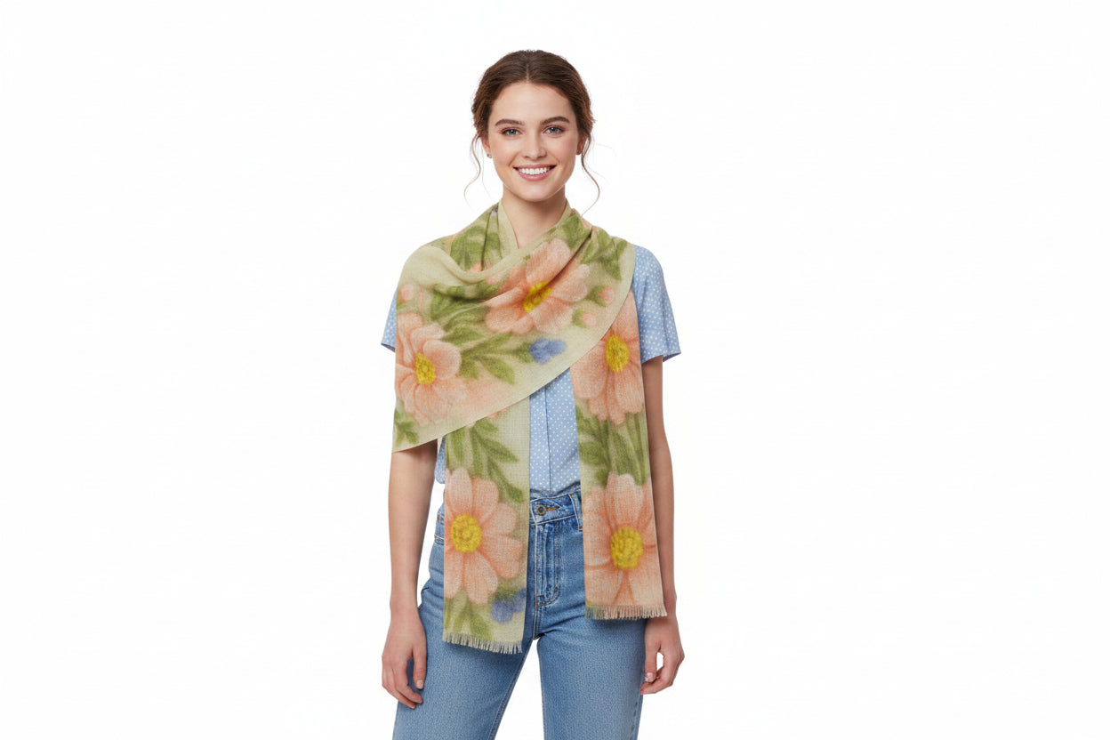 Floral Pastel Scarf – Wooly Garden | Lightweight Boho Wrap for Women