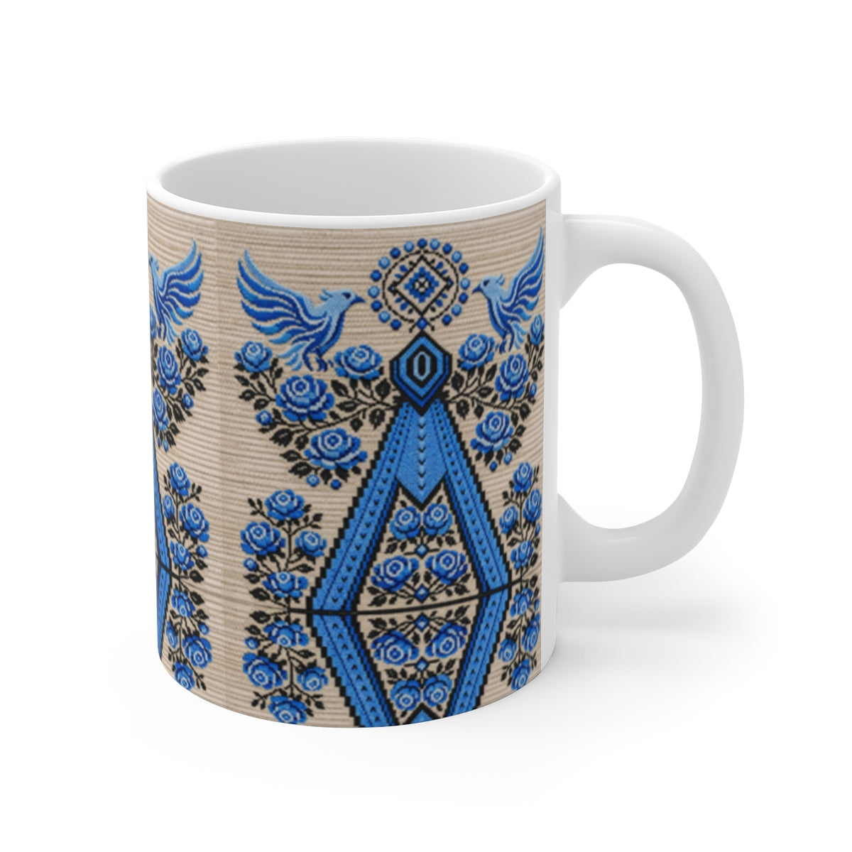 Ukrainian Folk Art Mug  Blue Black Berehynia Design, Falcons & Roses Pattern, Slavic Embroidery Style Coffee Cup