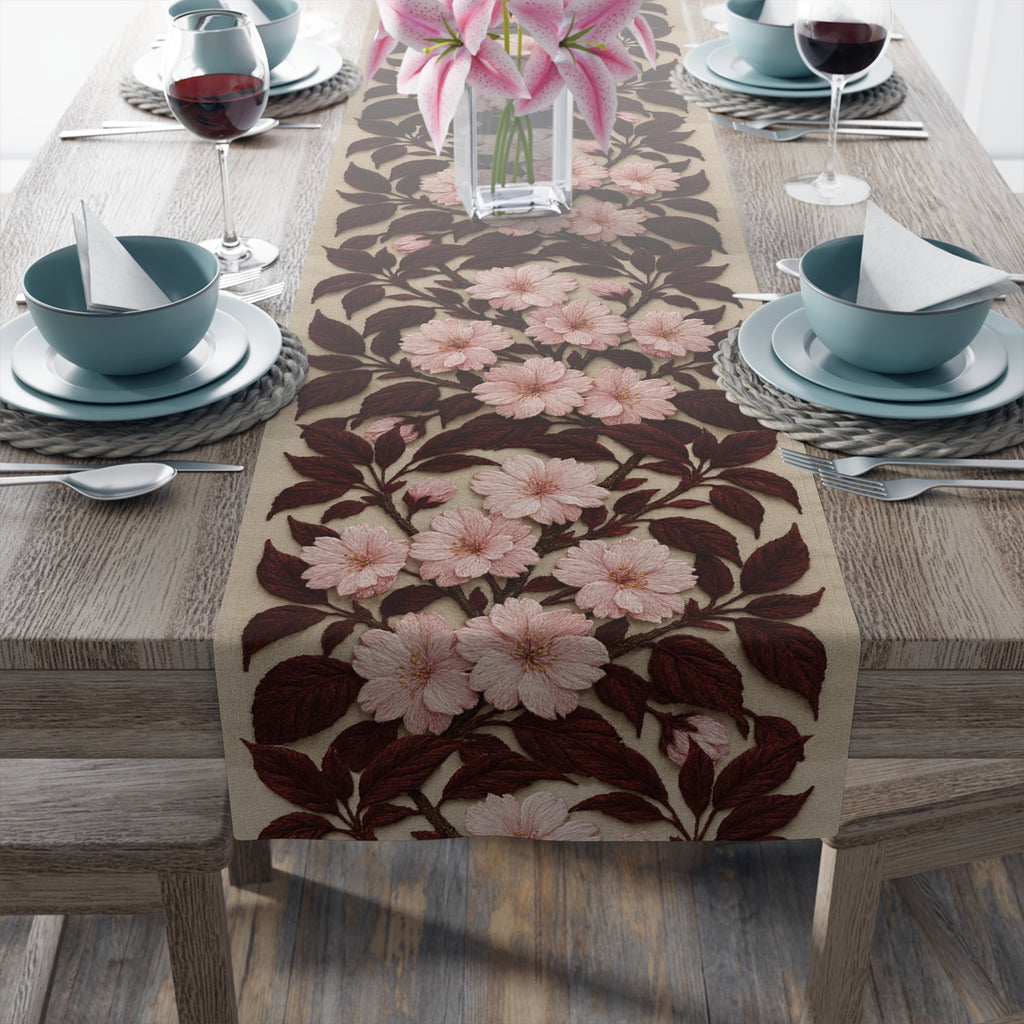Sakura Noir Table Runner — Pink Cherry Blossom Floral Vine | Cotton & Polyester