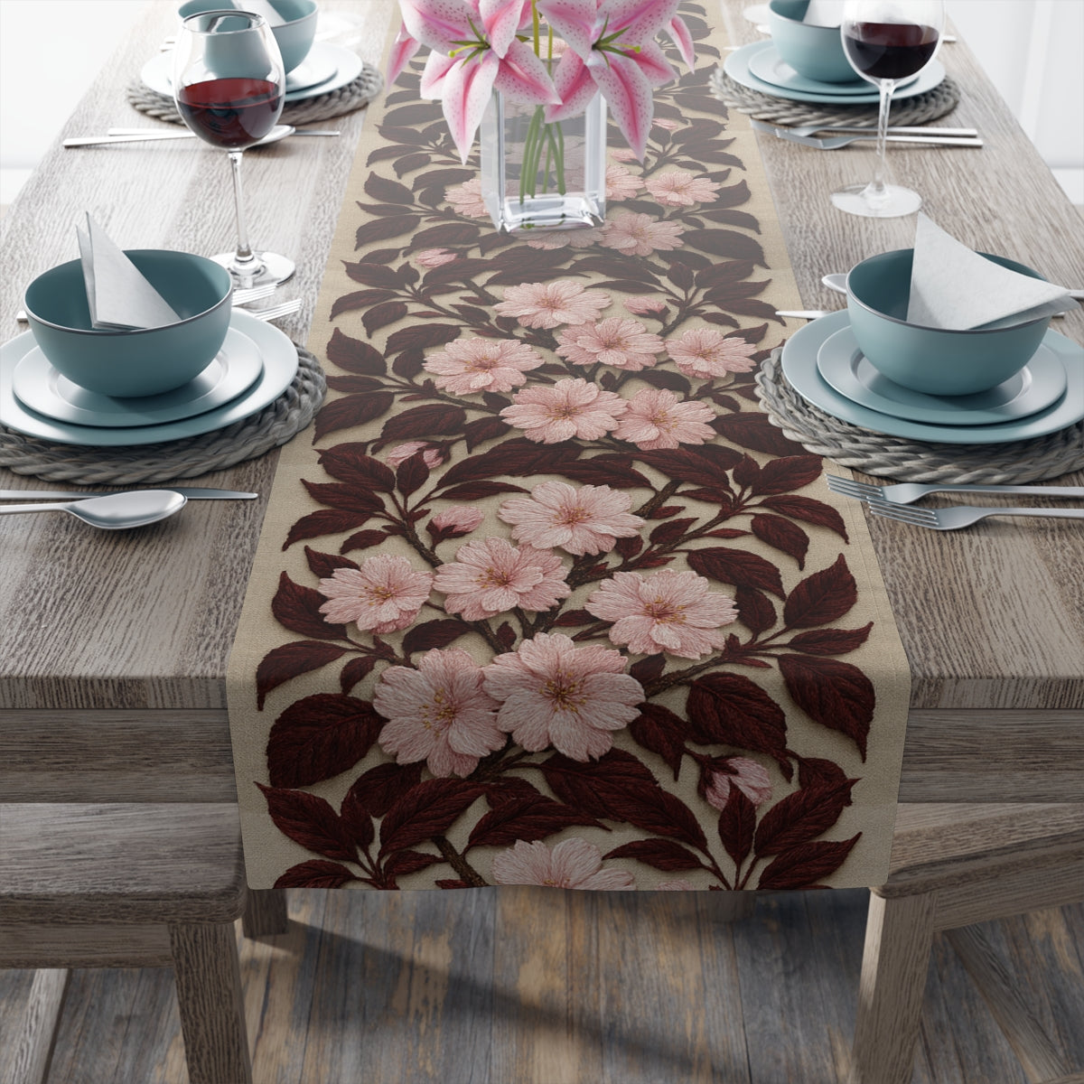 Sakura Noir Table Runner — Pink Cherry Blossom Floral Vine | Cotton & Polyester