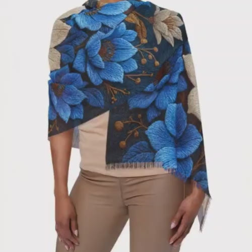 Midnight Symphony Floral Scarf | Navy Blue & Cream Botanical Shawl & Summer Wrap