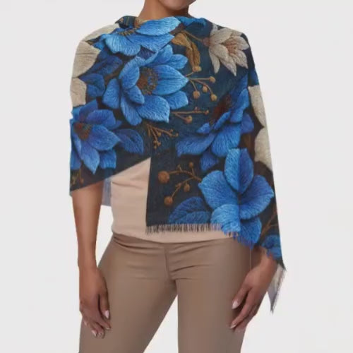 Midnight Symphony Floral Scarf | Navy Blue & Cream Botanical Shawl & Summer Wrap