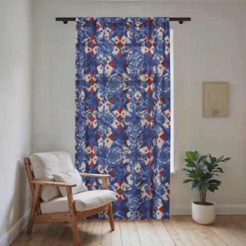 America 250th Anniversary Sheer Curtain - Blue Toile-Inspired Floral & Patriotic Star Window Treatment