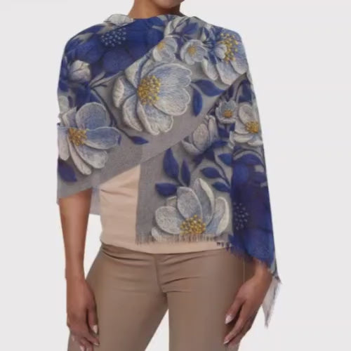 Denim Soul Indigo Floral Scarf – Lightweight Botanical Shawl & Wrap