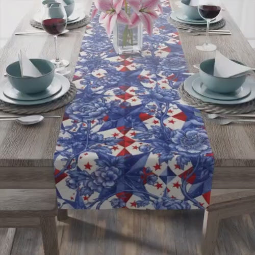 America 250th Anniversary Table Runner - Blue Toile-Inspired Floral & Patriotic Stars Patchwork Decor