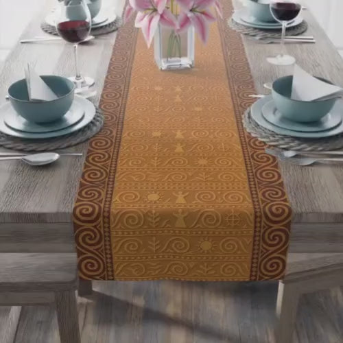Trypillian Code Table Runner | Terracotta Ancient Symbol Farmhouse Decor