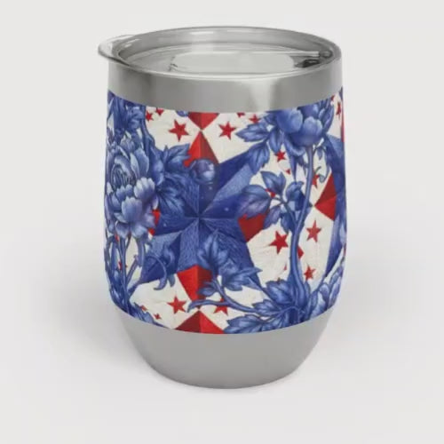 America 250th Anniversary Wine Tumbler - Patriotic Blue Toile & Red Star Insulated Stainless Steel Cup