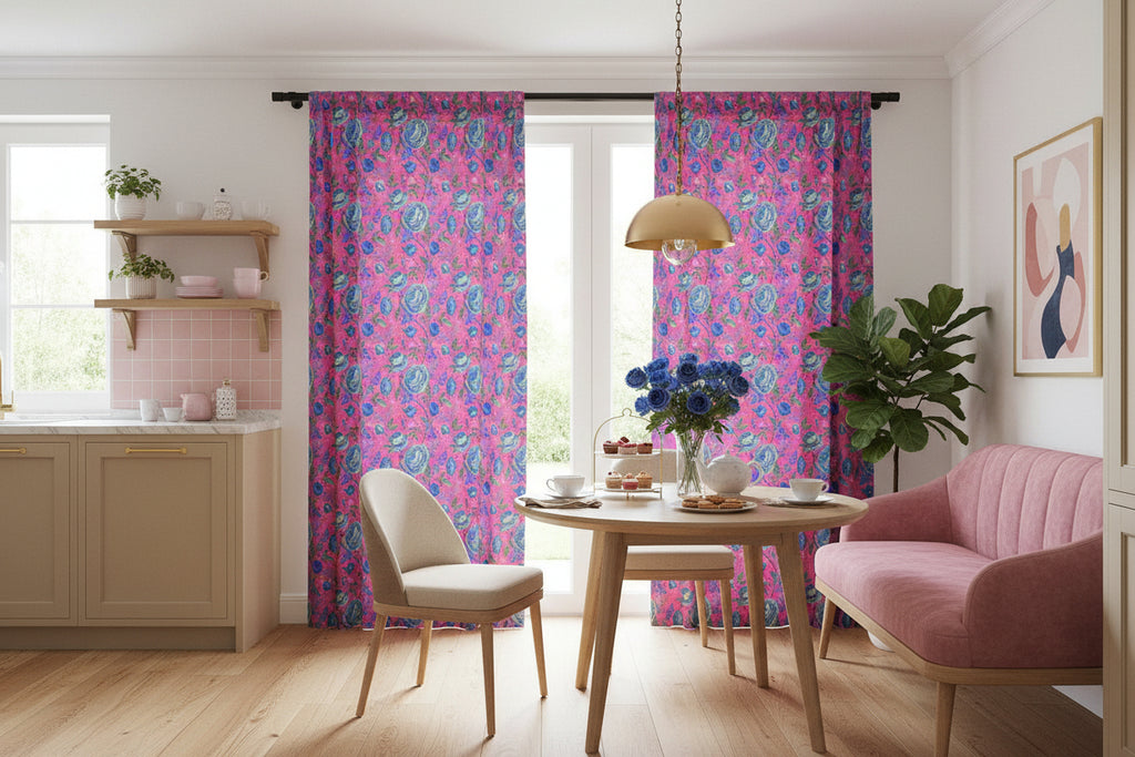 Pink & Blue Watercolor Floral Sheer Curtain | Boho Light Filtering Window Panel