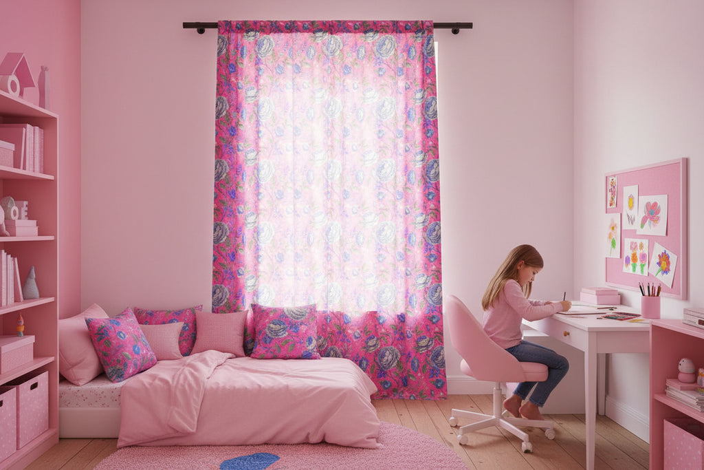 Pink & Blue Watercolor Floral Sheer Curtain | Boho Light Filtering Window Panel