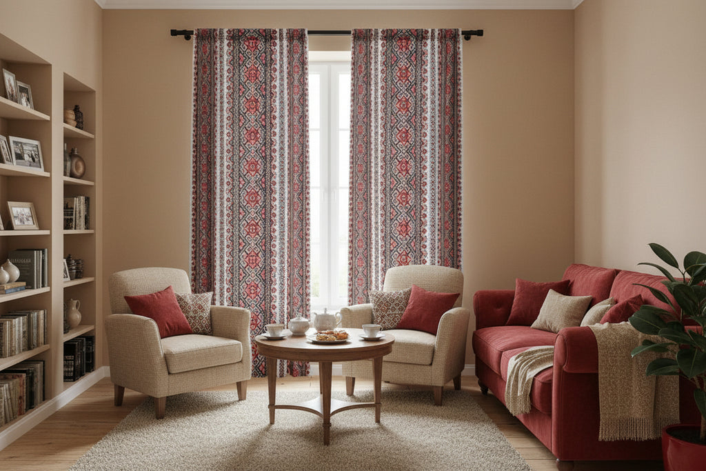 Stasia Red Sheer Curtain | Ukrainian Folk Embroidery Pattern | Bohemian Light Filtering Panel