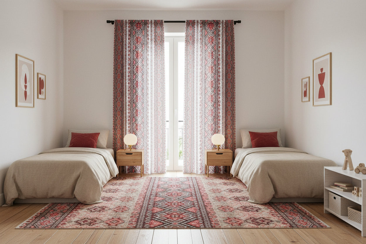 Stasia Red Sheer Curtain | Ukrainian Folk Embroidery Pattern | Bohemian Light Filtering Panel