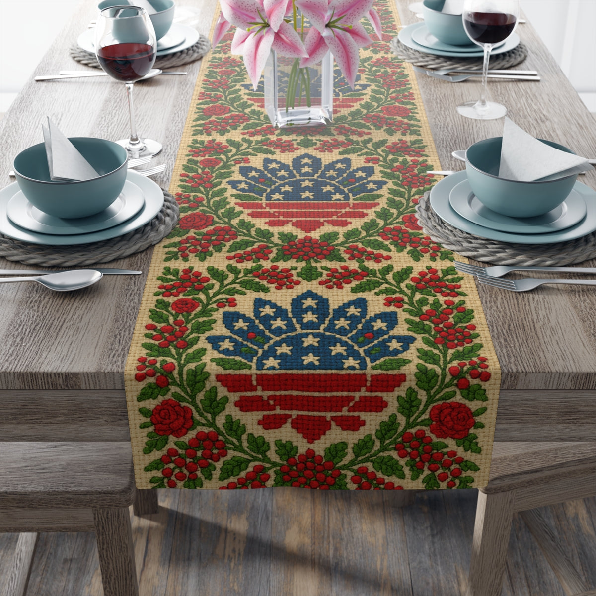 America 250 Floral Table Runner – Patriotic Medallion Design | Farmhouse & Americana Decor