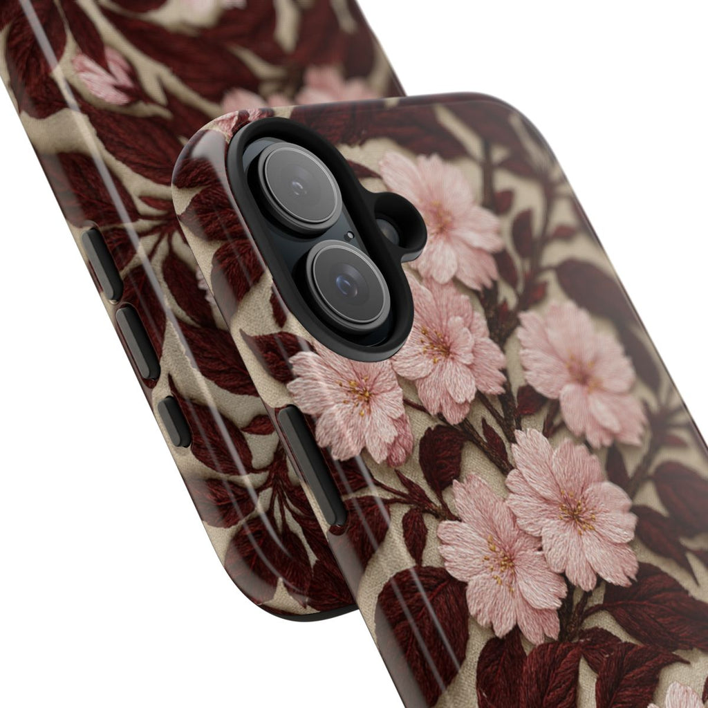 Sakura Noir Tough iPhone Case - Vintage Pink Cherry Blossom, Dark Botanical Floral Cover, Shockproof Gift for Her