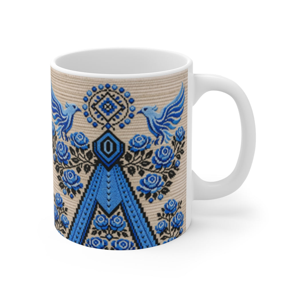 BLUESKYDEZIGN Berehynia Blue Mug - Folk Art, Falcons & Roses Slavic Design