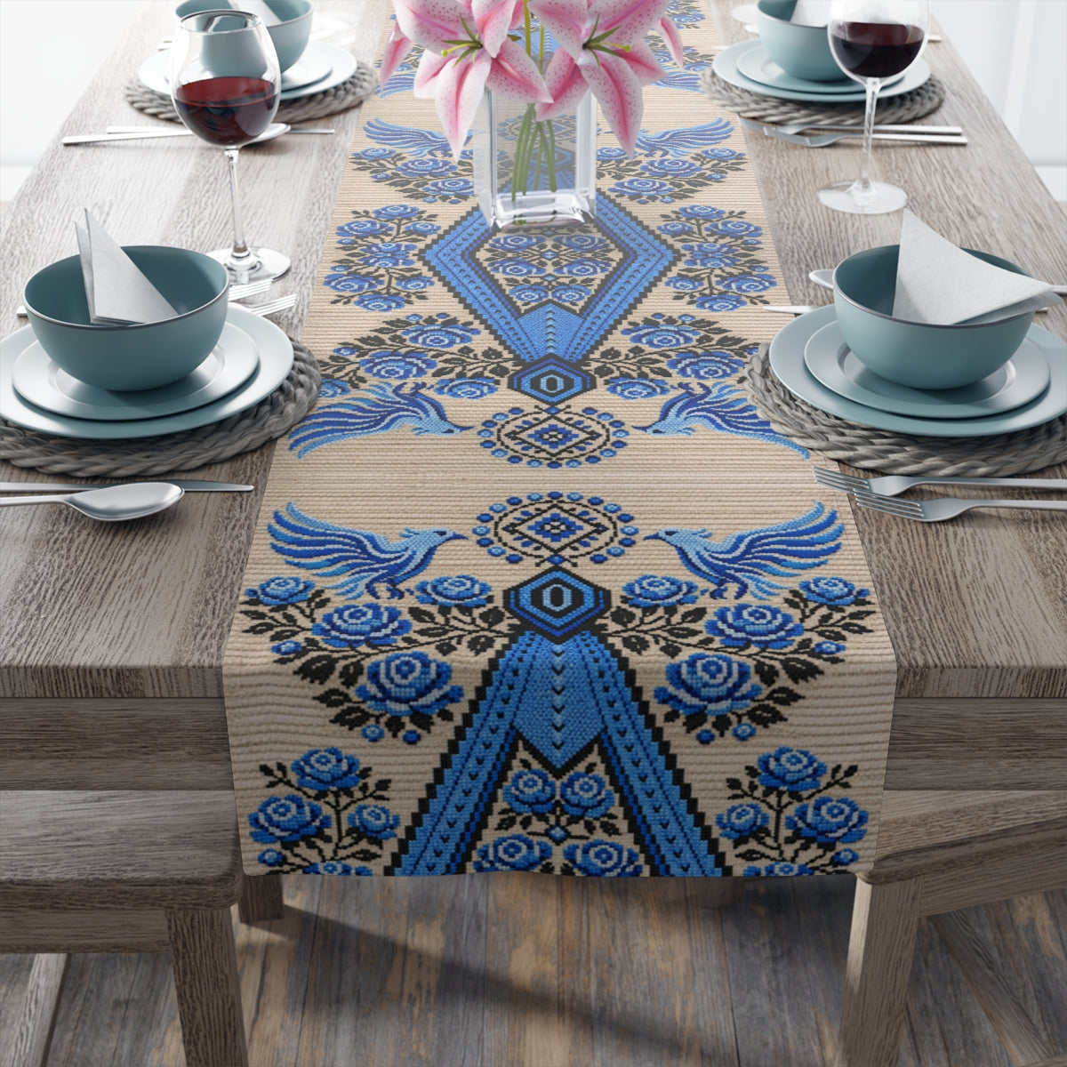 Ukrainian Table Runner  Blue Black Berehynia Design, Falcons  Roses Folk Pattern, Boho Slavic Decor, Embroidered Style Runner