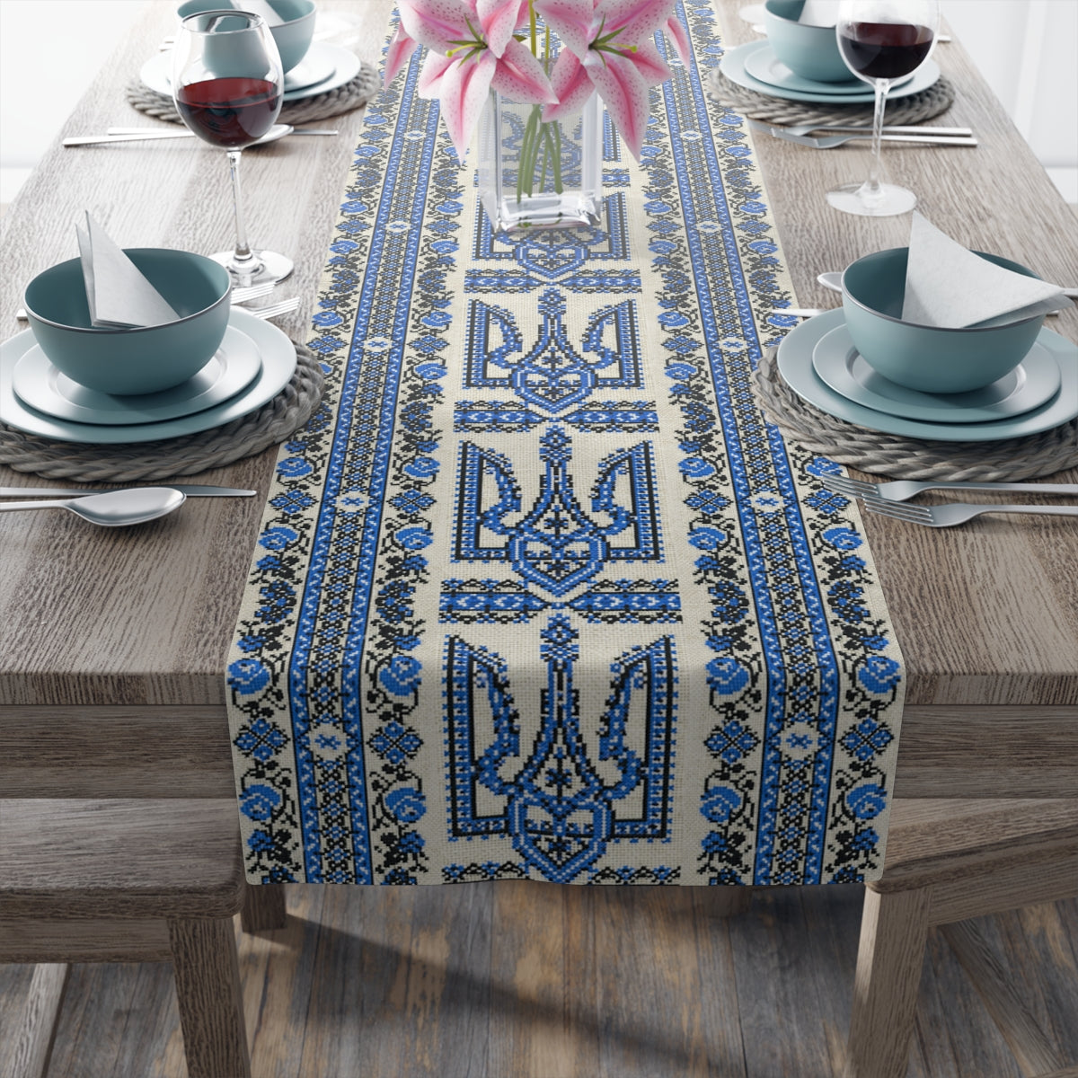 Ukrainian Trident Blue Table Runner | Tryzub Folk Decor | Cotton or Polyester